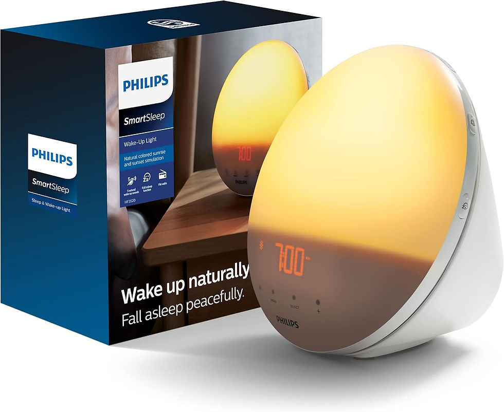 Philips SmartSleep wake-up light and box on white background, glowing sunrise display with 700 shown.