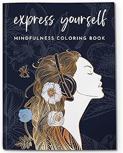 Woman with headphones, floral patterns, dark background. Text: "express yourself - MINDFULNESS COLORING BOOK". Calm mood.