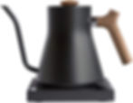 Matte black electric gooseneck kettle with wooden handle on a black base, isolated on a white background.