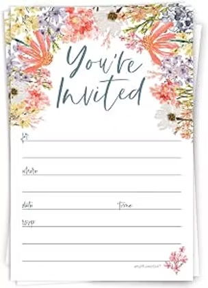 Floral invitation card with pastel flowers around the edges, reading You’re Invited above blank event details lines.