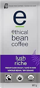 Ethical Bean Coffee packaging displaying "lush riche," medium dark roast, in white, purple, and black with certification logos, 907g.