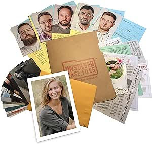 Unsolved case files kit with photos of people, documents, and evidence. A central folder reads "Unsolved Case Files." Mystery theme.