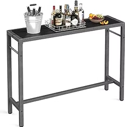Black bar console table with liquor bottles in a tray, an ice bucket, and a fruit bowl on top, shown on a white background.