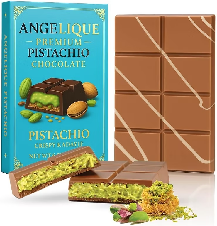 Angelique premium pistachio chocolate box with a segmented milk chocolate bar and cut pieces showing green filling on white background