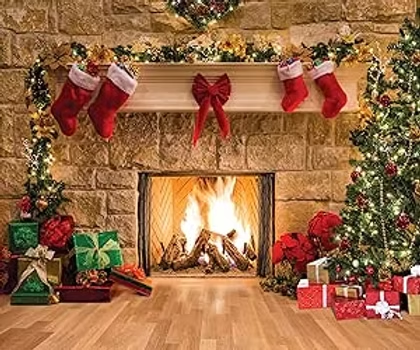 Cozy Christmas fireplace with stockings, wreaths, wrapped gifts, and a lit fire beside a decorated tree.