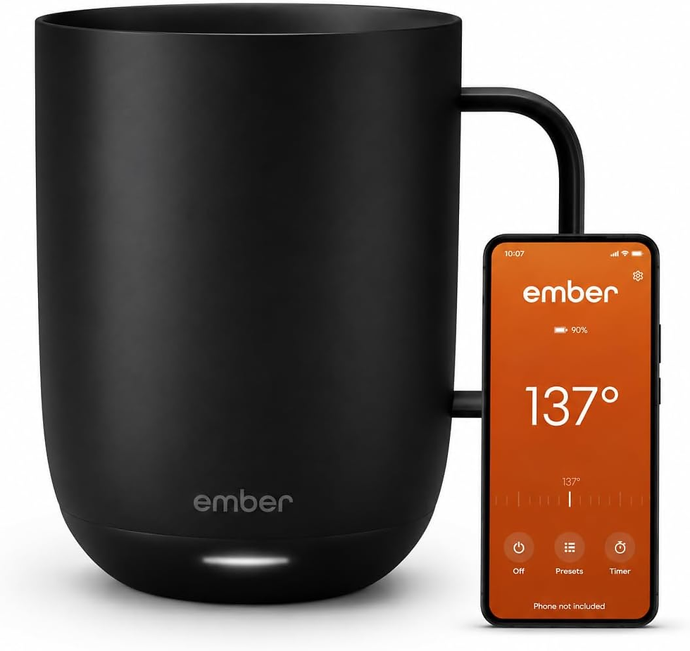 Black Ember heated mug beside a smartphone app showing 137° on an orange screen, on a white background