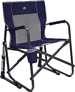 Blue and gray folding camping chair with armrests and a cup holder. The frame is black, with “Rocker” text on the side.