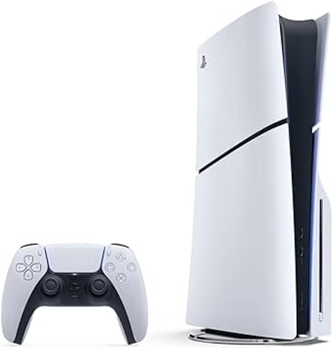 White PlayStation 5 console and DualSense controller on a plain background, sleek black-and-white gaming gear.