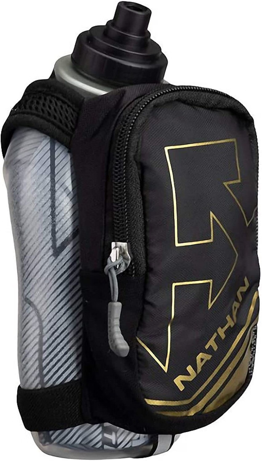 Black water bottle in a zippered athletic sleeve with gold NATHAN logo, shown on a white background.