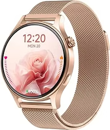 Rose gold smartwatch with mesh band, pink rose face showing 12:20, MON 20, and 100% battery on a white background.