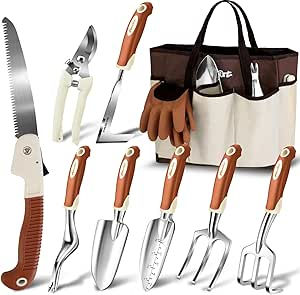 Gardening tool set with brown-and-cream tote bag, gloves, saw, trowels, fork, and cultivator on a white background