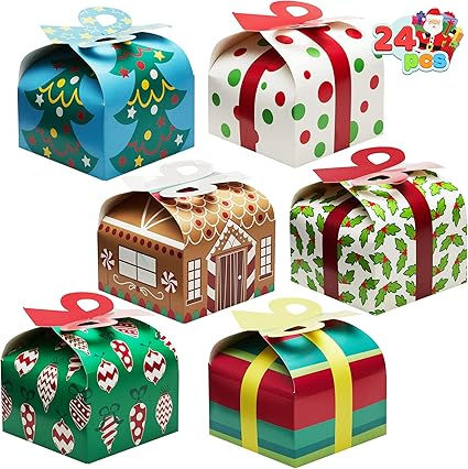 Festive gift boxes with various holiday designs and colors are arranged. Text reads "24 pcs" in the corner, creating a joyful mood.