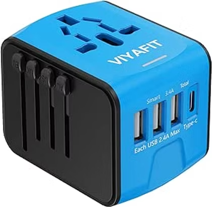 Blue VIVY AFT cube power adapter with universal socket and multiple USB ports, shown on white background with black side panel.