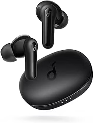 Black wireless earbuds with a rounded charging case on a white background, sleek matte finish and logo visible