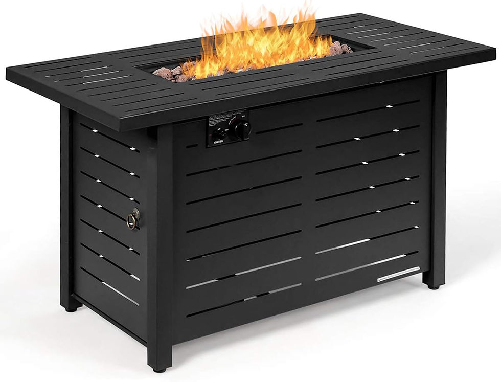 Black rectangular fire pit table with flames burning in the center, shown on a white background with a control panel.