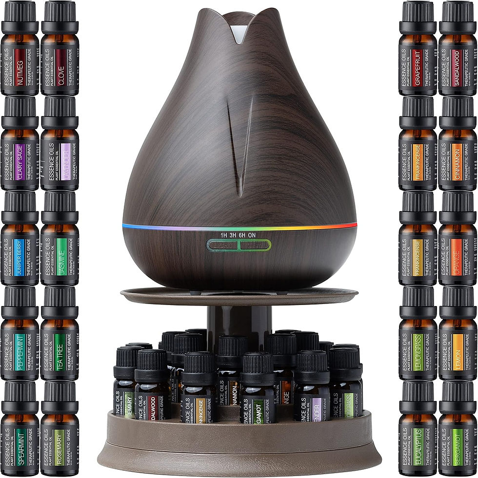 Woodgrain essential oil diffuser with rainbow light ring, surrounded by labeled oil bottles on a white background.