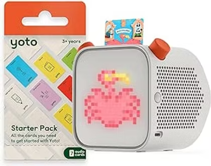 Yoto Starter Pack with white audio player showing a pink pixel heart, cards behind it, on white background.