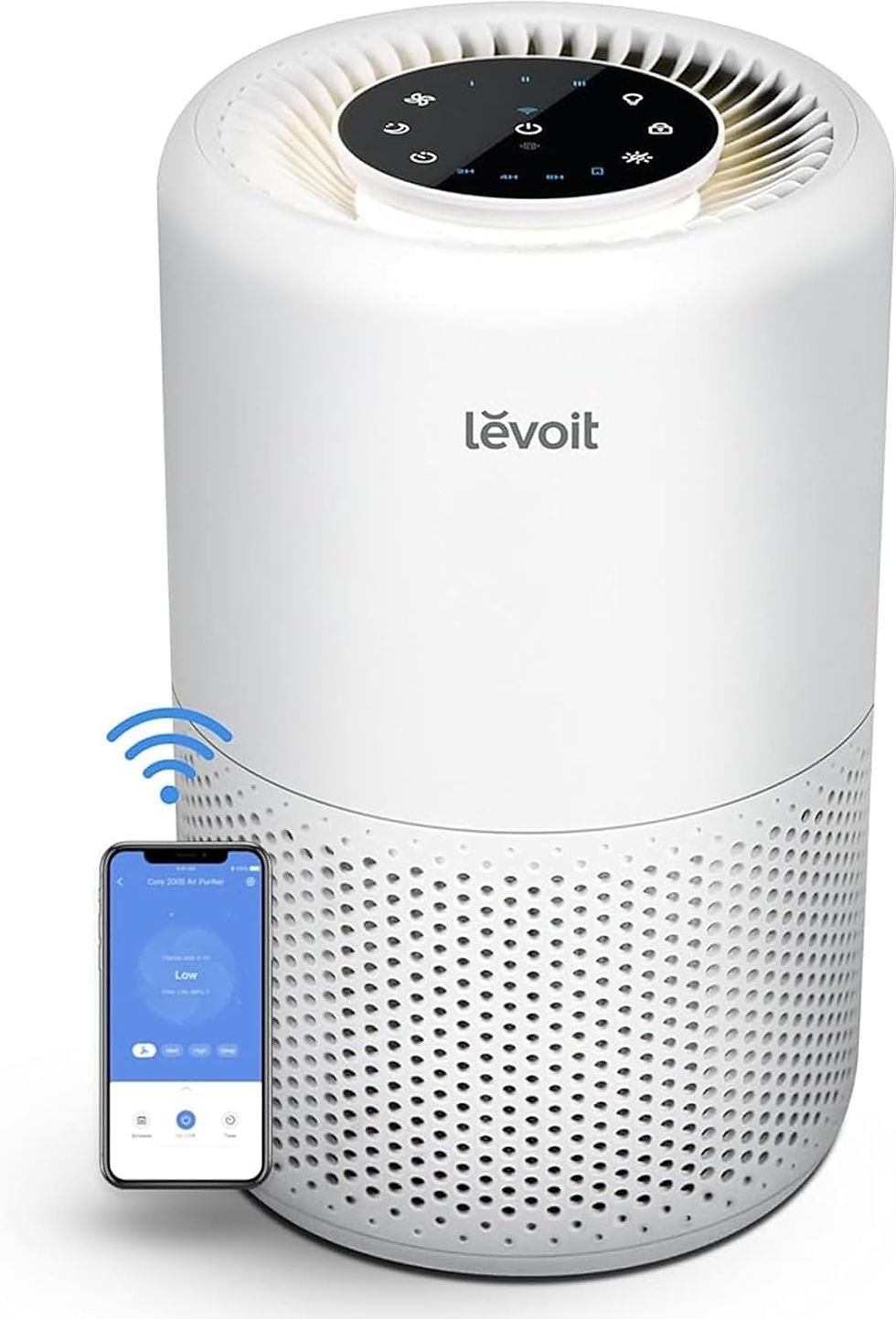 White Levoit air purifier with touch controls and perforated base, shown with a smartphone app and Wi‑Fi icon on a plain background