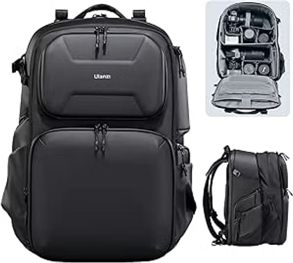 Black backpack shown front, side, and open to reveal organized compartments on a white background.