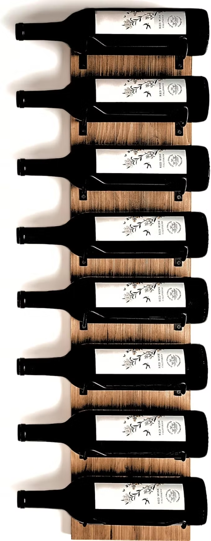 Eight black wine bottles on a wooden wall rack, labels reading Red Wine against a clean white background.