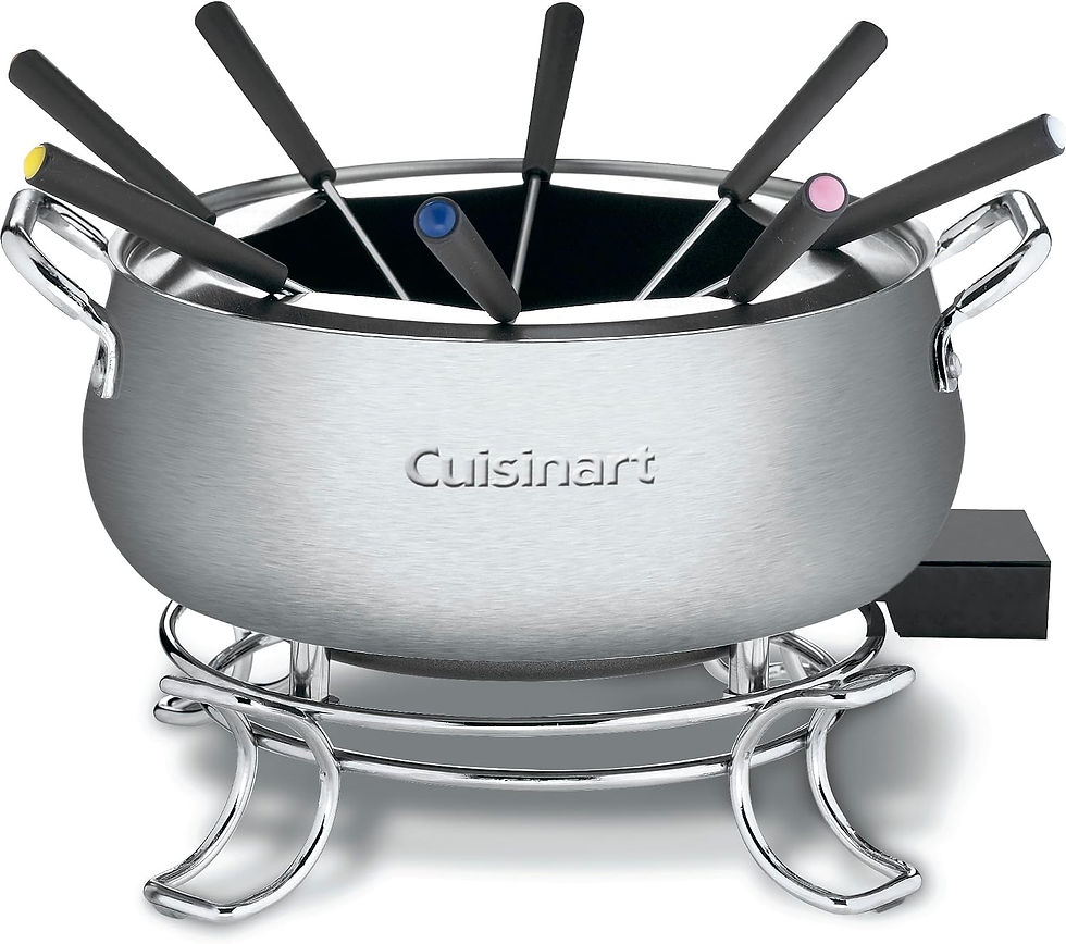 Silver Cuisinart fondue pot with black-handled skewers and colorful tips on a chrome stand, isolated on white background