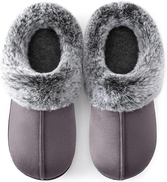 Gray slippers with fluffy, white and gray faux fur lining. The background is white, highlighting the cozy and soft texture of the slippers.