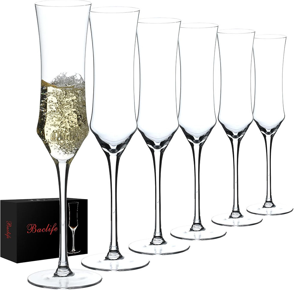 Six tall champagne flutes on white; one filled with sparkling wine, next to a black Baclife box.