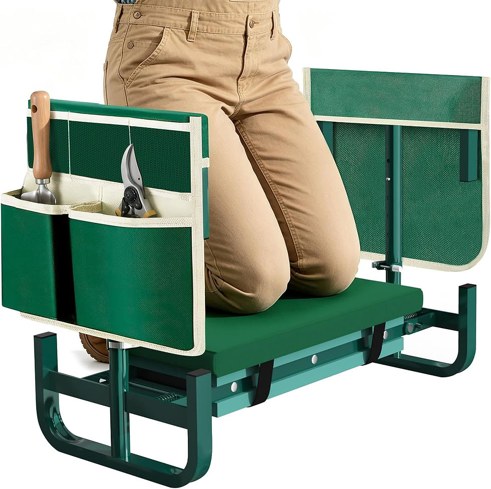 Person kneeling on a green garden kneeler seat with tool pockets and pruning shears on a white background