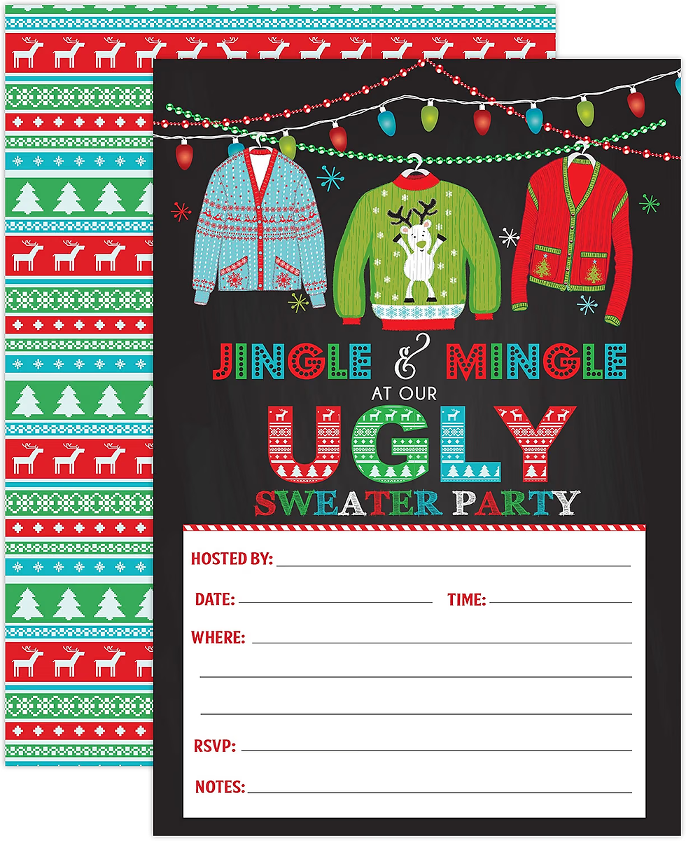 Ugly sweater party invite with hanging holiday sweaters and lights; text reads Jingle & Mingle at Our Ugly Sweater Party.