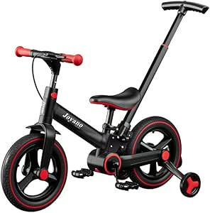 Black and red children's bike with training wheels and adjustable handle. Brand name visible on frame. Bright, playful design.