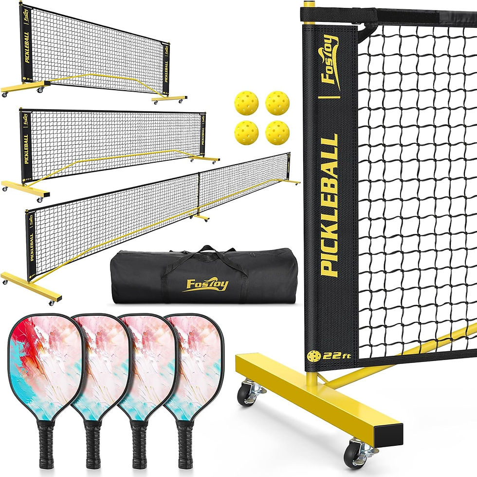 Pickleball net set with black-and-yellow portable nets, four paddles, four yellow balls, and a Fostoy carry bag on white background.