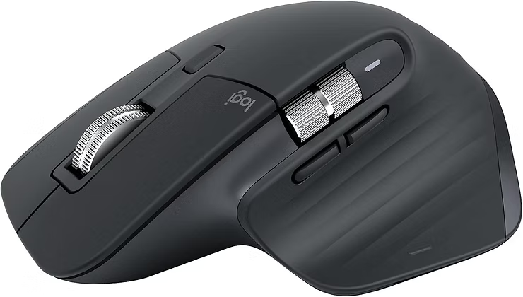 Black Logitech ergonomic mouse with silver scroll wheels and buttons on a white background, showing the logi logo.