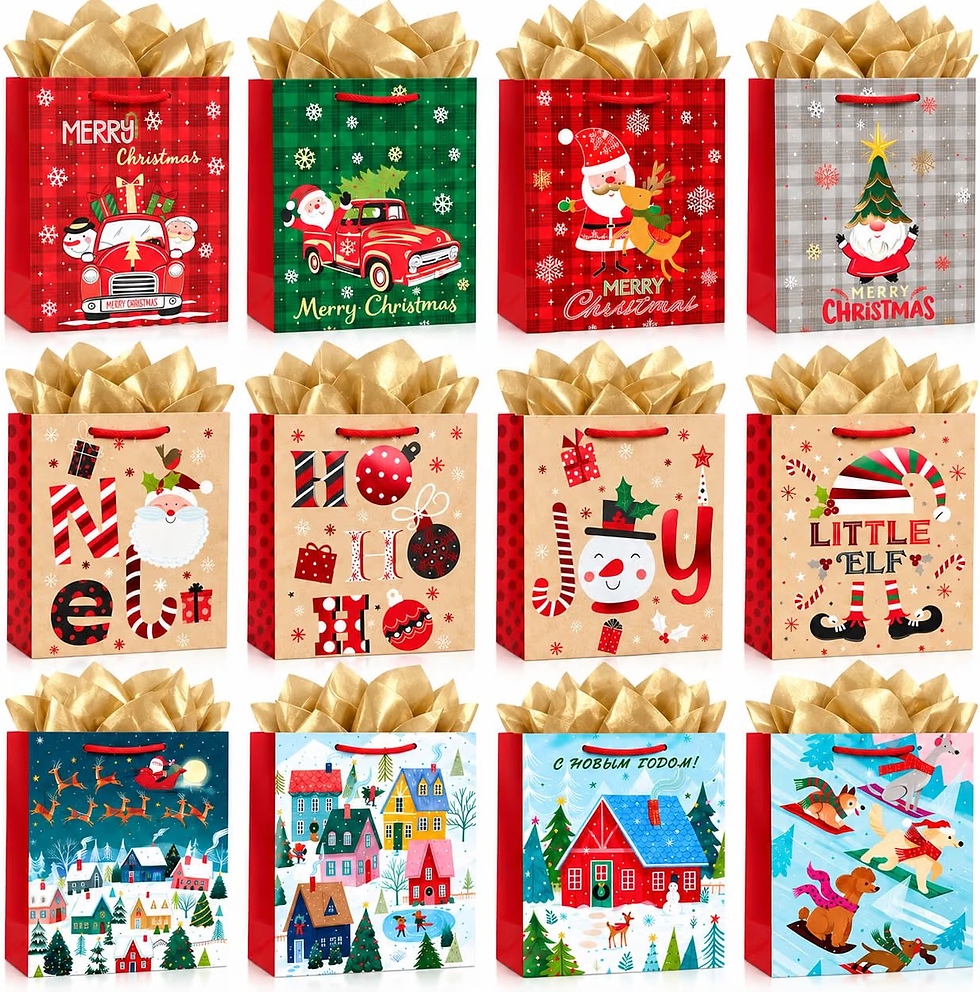 Grid of festive Christmas gift bags in red, green, tan, and blue, with gold tissue, holiday characters, snowflakes, and greetings.