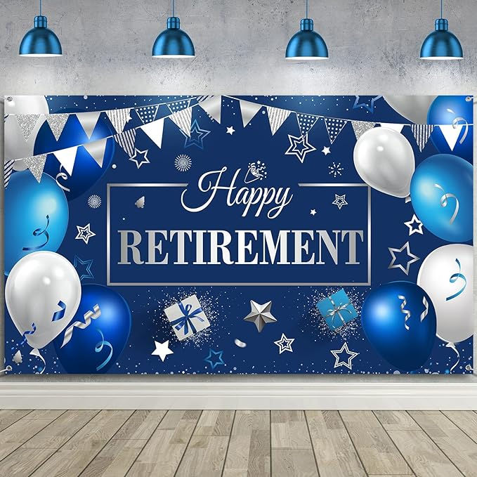 Blue and silver "Happy Retirement" banner with balloons, stars, and gift designs. Blue hanging lamps and wooden floor beneath. Festive mood.