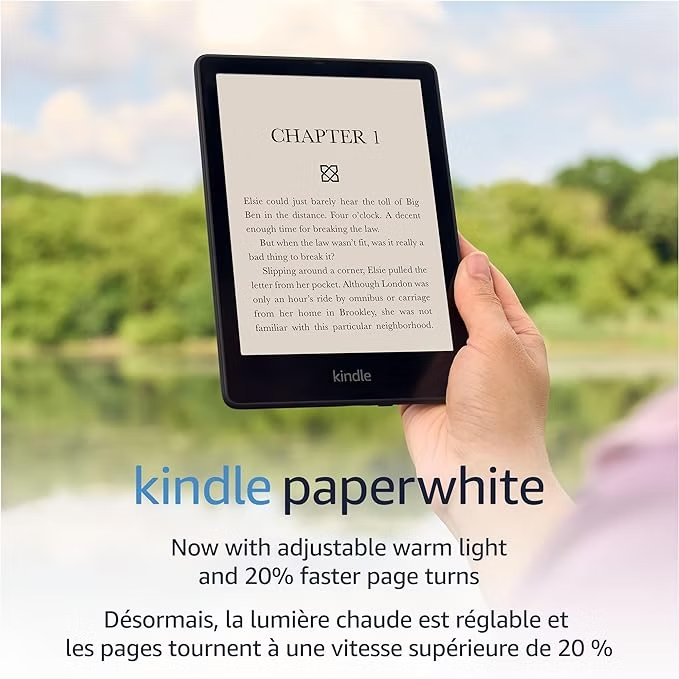 Hand holding a Kindle Paperwhite outdoors, showing Chapter 1; ad text says adjustable warm light and 20% faster page turns.