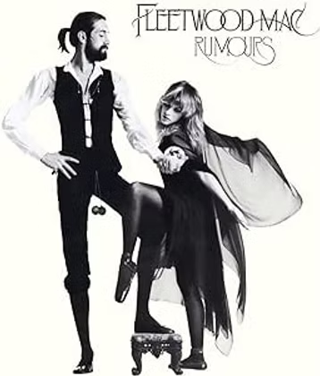 Black-and-white Fleetwood Mac Rumours album cover with two band members posing; one stands, one leans on a stool.