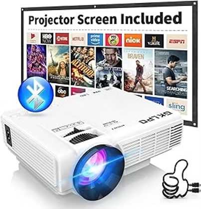 White projector with Bluetooth icon in front of a screen labeled Projector Screen Included, showing streaming app logos and a thumbs-up icon