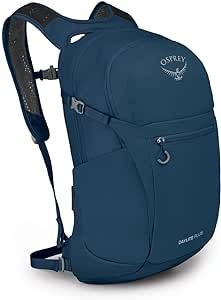 Blue Osprey backpack with multiple pockets and adjustable straps, set against a white background. Text reads "Osprey" and "Daylite Plus."