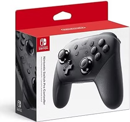 Nintendo Switch Pro Controller box with red-and-white packaging and a black controller pictured on the front.