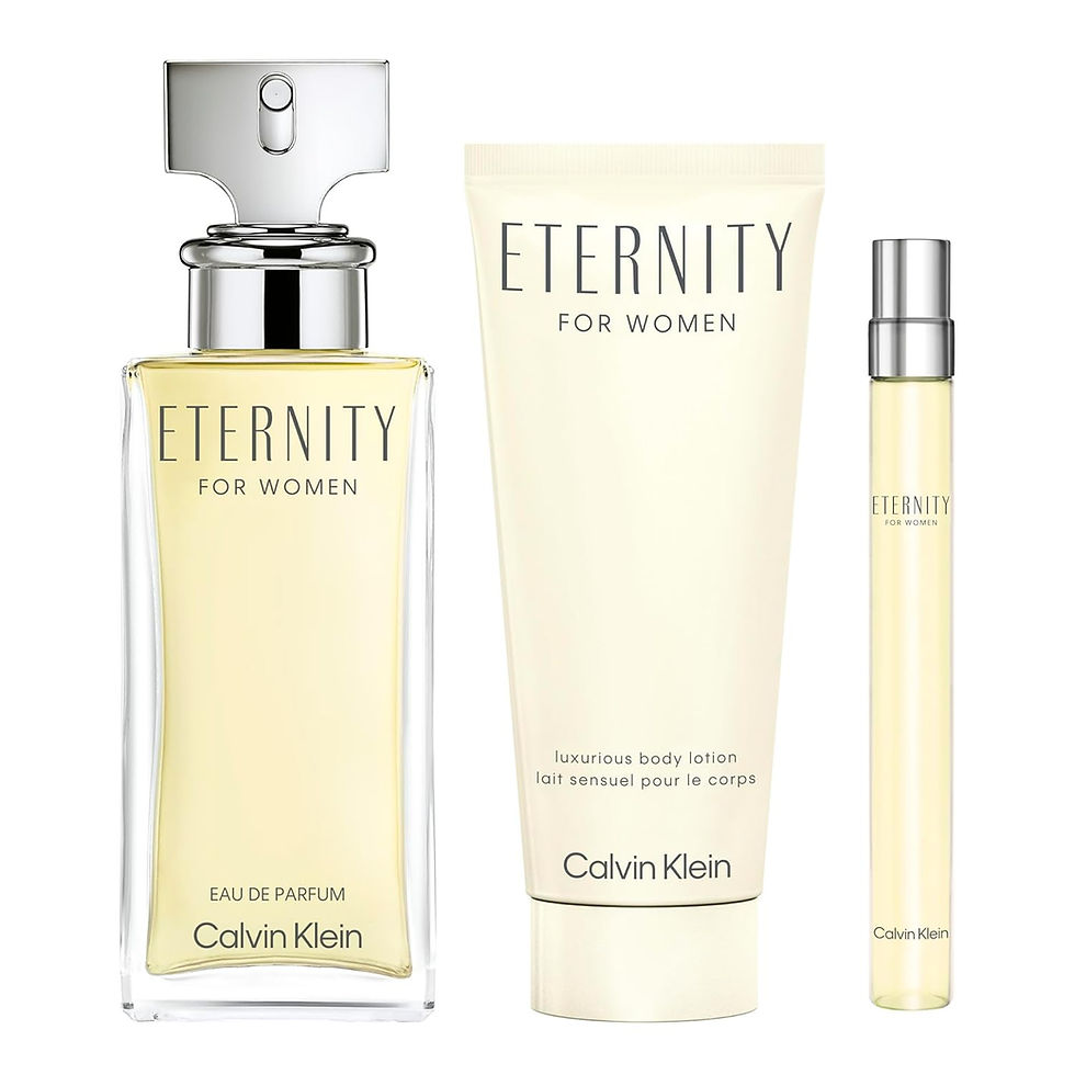 Calvin Klein Eternity for Women set with perfume, body lotion, and travel spray. Cream and silver packaging, elegant and minimal design.