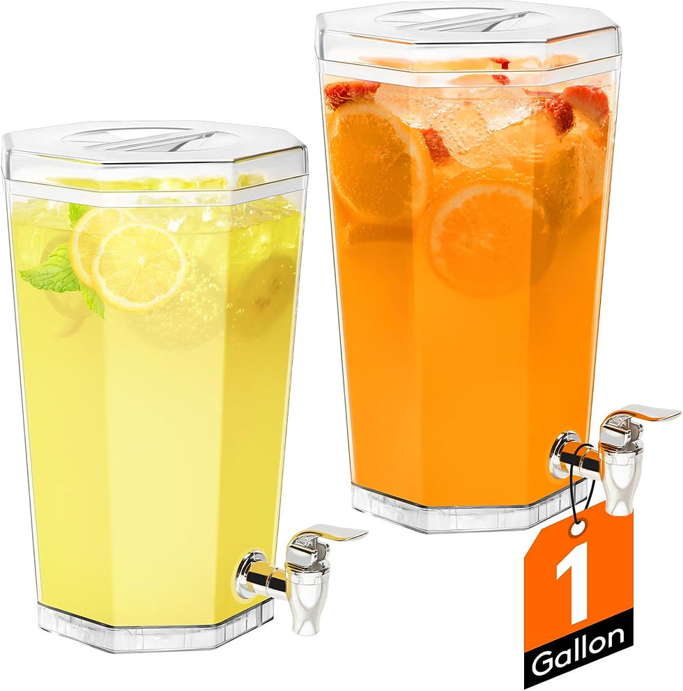 Two hexagonal beverage dispensers filled with lemon and orange drinks, accompanied by fruit slices. Silver spouts and a "1 Gallon" tag visible.