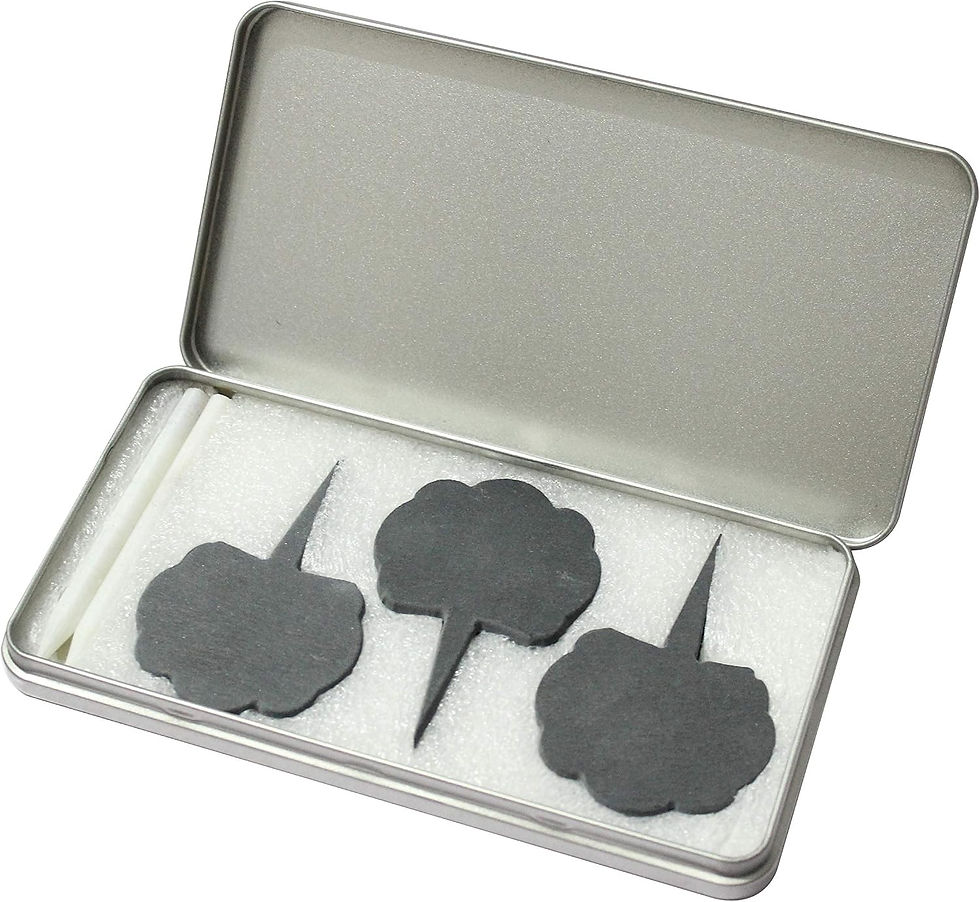 Open silver tin case with foam insert holding three dark cloud-shaped pieces on a white background, product-style image.