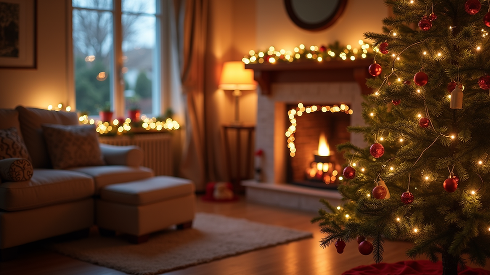 Eye-level view of a cozy living room decorated with Christmas lights and ornaments