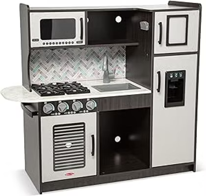 Toy kitchen playset with microwave, stove, sink, oven, and fridge in white and black against a white background.