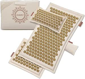 Acupressure mat and pillow set with spiky pattern in beige and green, branded packaging with "Unnera" logo, simple and calming design.