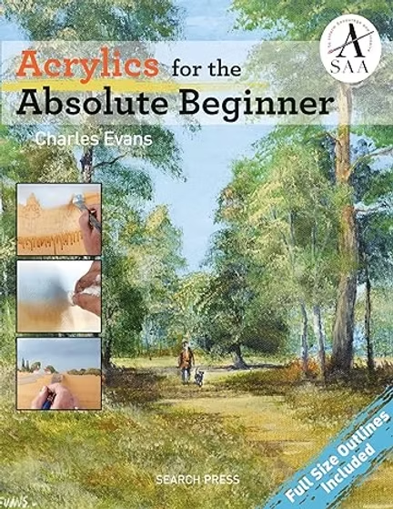 Book cover for Acrylics for the Absolute Beginner by Charles Evans, showing a painted park scene and acrylic painting steps.