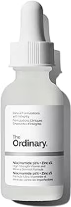 White The Ordinary skincare bottle on a white background, labeled Niacinamide 10% + Zinc 1%.