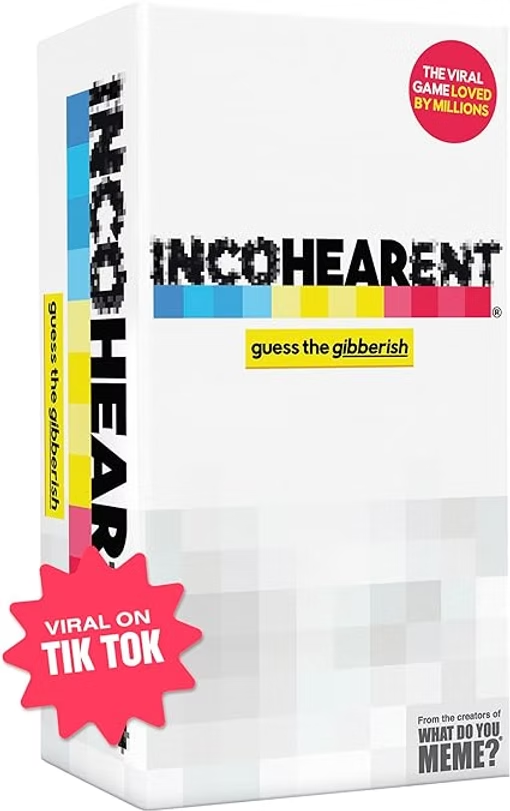 White box for Incohearent guess-the-gibberish game with colorful logo, Viral on TikTok badge, and The viral game loved by millions text