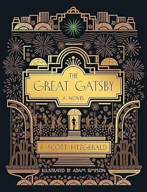 Art Deco book cover of The Great Gatsby by F. Scott Fitzgerald, with fireworks, gold lettering, and a silhouetted figure in a doorway