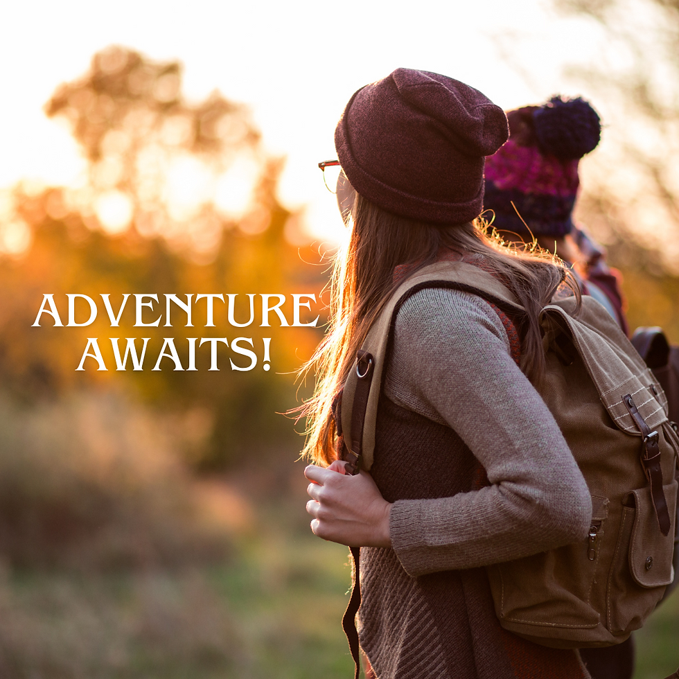 Two people in hats and backpacks gaze at a sunny, autumn landscape. Text reads: "ADVENTURE AWAITS!" Warm, adventurous mood.